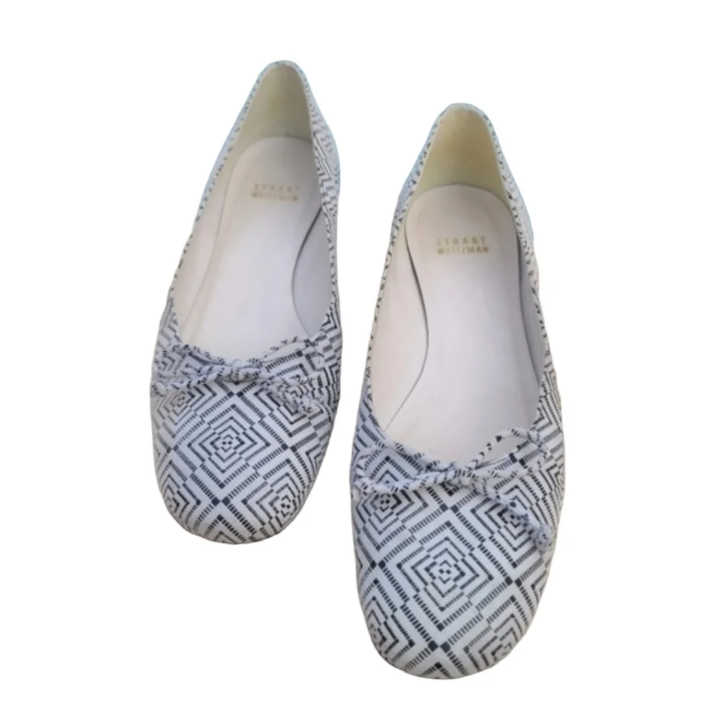 STUART WEITZMAN Leather Ballet Flats 8 Geometric Bows Stone Suede Rare